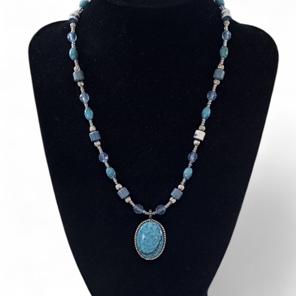 Blue Beaded Necklace with Turquoise-Style Pendant | Adjustable
